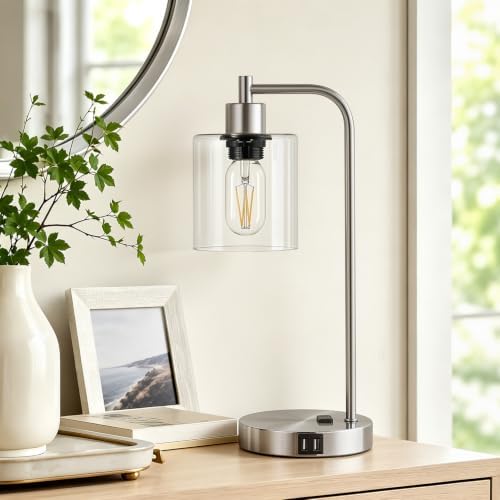 Industrial Touch Control Table Lamps Set of 2 - Brushed Nickel Nightstand Bedside Lamps with 2 USB Ports & AC Outlet, 3-Way Dimmable Desk Lamp for Bedroom Living Room, Glass Shade & LED Bulbs Included