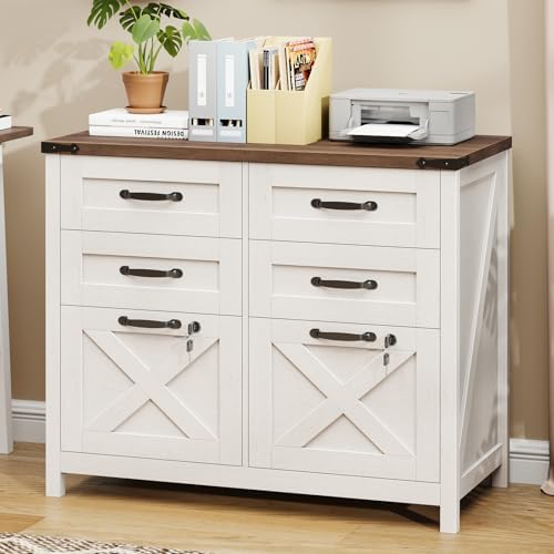 Halitaa Farmhouse Lateral File Cabinet with 6 Drawers, Rustic White