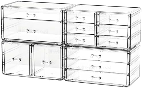 Cq acrylic 4 Pack Clear Acrylic Drawer Organizer Countertop,Stackable 13 Drawers Makeup Storage, Cube Make up Organizer for dresser Hair Clip,Beauty Product Desk and Bathroom Organizers and Storage