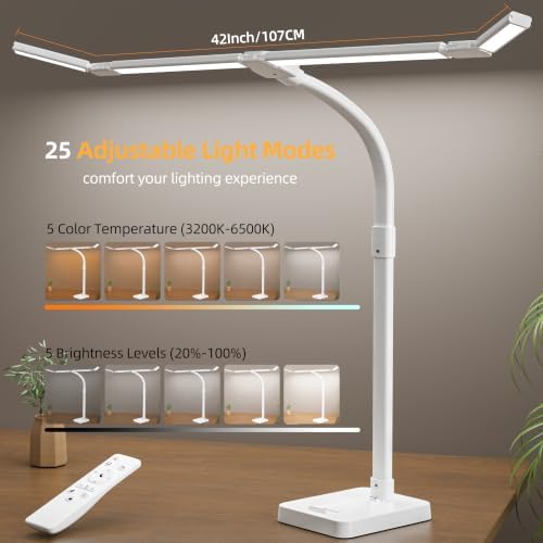 LED Desk Lamp for Home Office，42" Eye-CaringDesk Light with Remote，Adjustable Flexible Gooseneck，1800LM Ultra Bright Table Lamp with Base for Work，Reading, Study，Double Monitor（White） ﻿