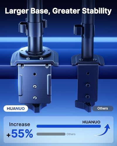 HUANUO Dual Monitor Stand for 13-32 Inch Screens, Tall Pole Desk Mount,Larger Base, Ideal for Sit-Stand Workstations, 22 lbs per Arm, VESA 75x75/100x100mm, Tilt Swivel Rotation, Cable Management