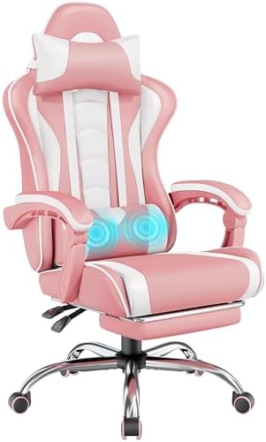 Yaheetech Gaming Chair with Footrest Massage Lumbar Pillow Pink and White