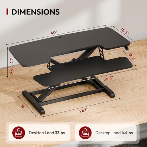SANODESK 40" Desk Converter, Height Adjustable Sit to Stand Riser, Dual Monitor and Laptop Workstation with Wide Keyboard Tray, Modern Minimalist Design, Black
