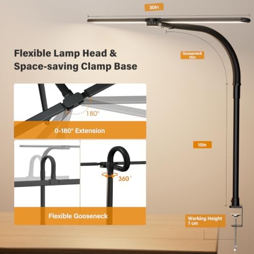 SIBRILLE LED Desk Lamp for Home Office - Dimmable Computer Desk Light with Clamp, Modern Architect Task Lamp with Color Changing, Flexible Desktop Lamp with Gooseneck for Monitor, Double Head, Black
