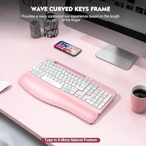 EAYBLLY 2.4G Wireless Ergonomic Keyboard, Full Size Wave Keys with Memory Foam Wrist Rest & 7.28in Phone Holder, USB-C Adapter Included for Windows Mac Chrome OS, Office or Home (Pink)
