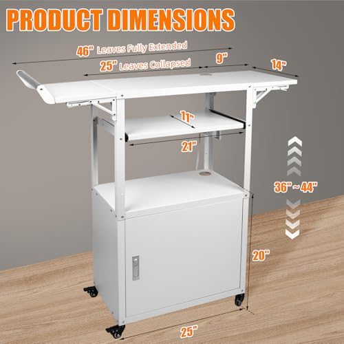 Large Steel AV Cart with Wheels and Drop Leaves, Height Adjustable AV Cart with Locking Cabinet and Power Strips, Rolling Computer Workstation with Pullout Keyboard Tray for Office & Classroom