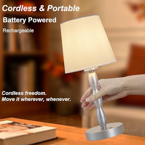 CASTLELIFE Rechargeable Cordless Table Lamp, 5000mAh Battery Powered Touch Desk Lamp, 3-Level & Stepless Dimmable Night Light, Portable Bedside Lamp for Bedroom, Outdoor, Bulb Included, Silver