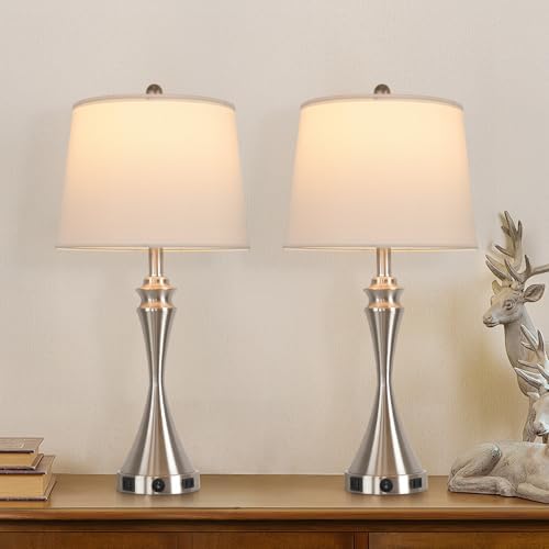 Living Room Deek Lamp Bedroom Table Lamp Set of 2,3 Way Dimmable Led Light Modern Industrial Table Lamps Sand Nickel Metal,USB Type A+C&Outlet, Linen Lampshade,Bulb*2