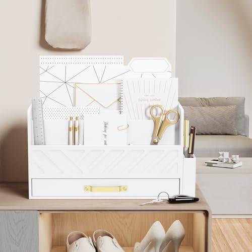 Bamboo Mail Organizer Countertop Pen Holder Wooden Desktop Storage Drawers
