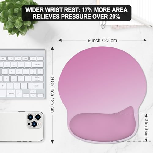 ITNRSIIET Ergonomic Mouse Pad with Wider Memory Foam Wrist Rest +17%, Curved Cushion Reduces Pressure 20%, Pain Relief, Non-Slip, Smooth, Cute Color Desk Accessory, 9.85 x 9 inch, Soft Pink