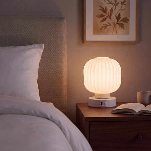 Elenhome Touch Bedside Table Lamp - Small Table Lamps,3 Way Dimmable with USB C+A Charging Ports - Bedroom Nightstand & Living Room Essential, 6W Bulb Included