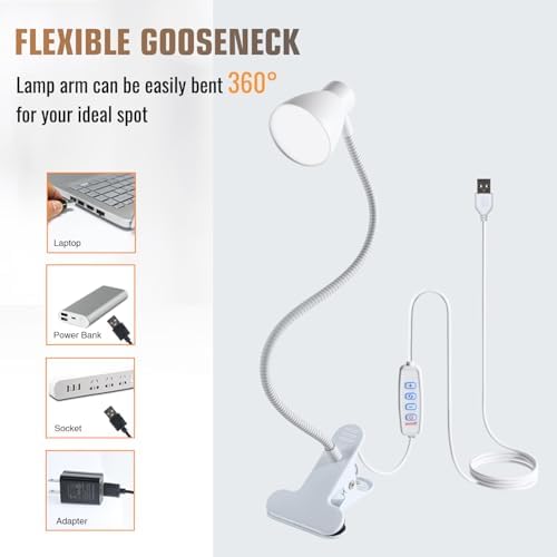 Clamp Desk Lamp, Clip on Reading Light, 3000K-6500K Adjustable Color Temperature, Multiple Illumination Modes, CRI>90, 6Watts (Adapter Included)