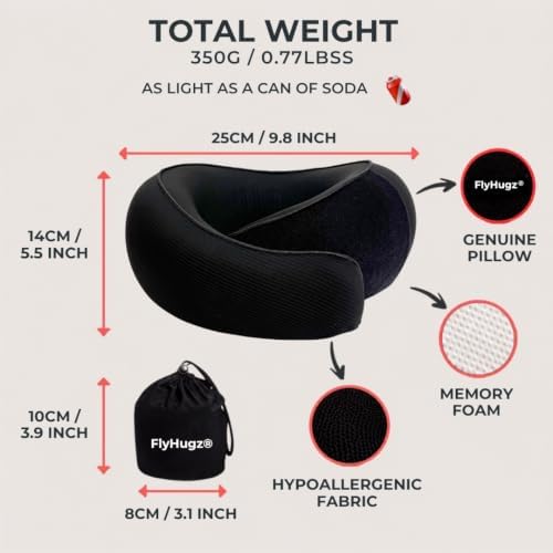 FlyHugz® Neck Travel Pillow Memory Foam Neck Pillow, Midnight Black