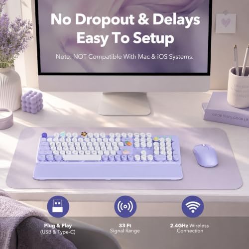 Wireless Keyboard and Mouse, Round Keycaps, Magnetic Wrist Rest, Purple