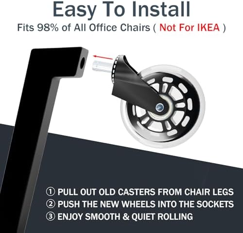 Office Chair Wheels Replacement,3" Rubber Casters 7/16" Stem,Universal fit for Most Rolling/Gaming Chairs,Floor Protection for Carpet/Hardwood/Tile,Smooth&Quiet Rolling,Set of 5 (Transparent)