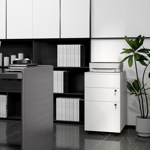 LOKO Mobile File Cabinet with 3 Drawers, Under Desk File Organizer (White)