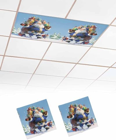 Blue Santa Claus Magnetic Fluorescent Light Covers for Ceiling Lights 2 x 4 Feet,Christmas Tree Forest Snowy Xmas Tree Office Classroom Kitchen Drop Ceiling Light Covers Filters Shade Panel 2 Packs