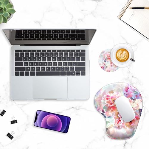ITNRSIIET Ergonomic Mouse Pad Coaster Set with Gel Wrist Support Wrist Rest Smooth Surface Non-Slip PU Base Comfortable Office Supplies Pain Relief, 9.5 x 8.3 inches, Beautiful Flowers