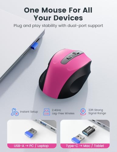 Hot Pink Wireless Mouse for Laptop, Cordless Computer Mice for Travel