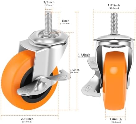Caster Wheels with Threaded Stem, 3 Inch Locking Swivel Casters Set of 16