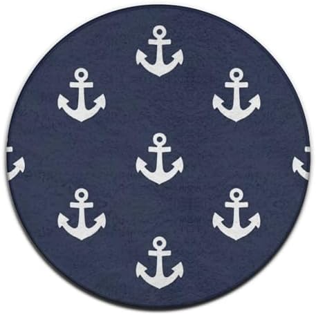 Room Sofa Yoga Soft Round Carpet, Home Decor Non Slip Kitchen Office Circle Rug, Machine Washable Modern Round Area Rug Nautical Anchor Navy