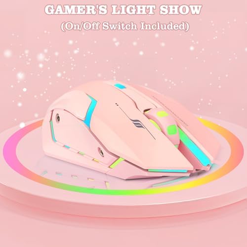 Wireless Gaming Mouse,Rechargeable Computer Mouse with Type-C Fast Charging, Ergonomic Mouse with 3 Adjustable DPI, 6 Silent Buttons, LED Light, Long Battery Life for Laptop, PC, Mac (Pink)