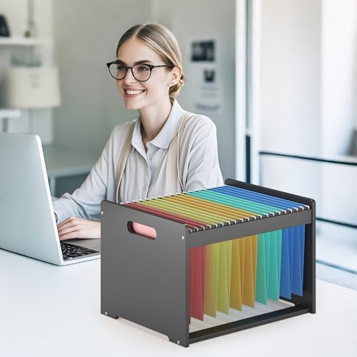 Bamboo Hanging File Box Organizer, Wood File Folder Storge, Black, 2 Pack