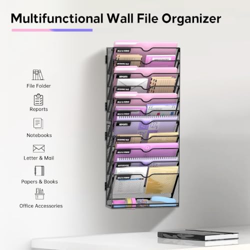 SUPEASY 12-Tier Wall File Organizer with Base, Wall Mounted File Holder