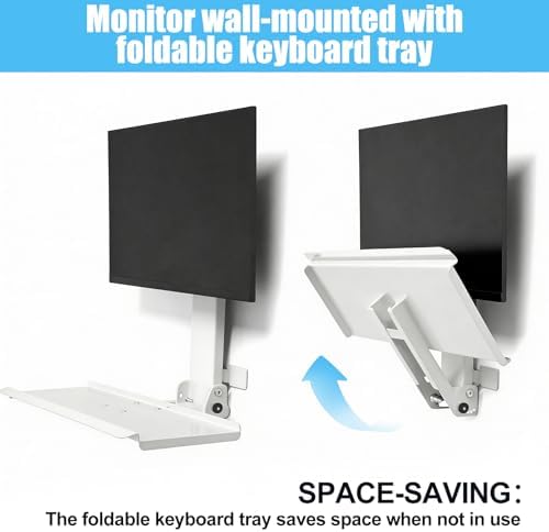 Wall Mount Computer Workstation, Monitor Wall Mount with Foldable 26" Keyboard Tray and Mouse Space, Fits 17-32 inch Screens, Heavy Duty 2mm Steel Space Saving Desk