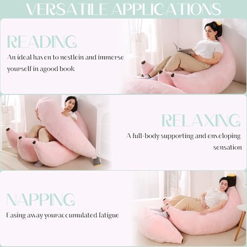 Banana Bean Bag Chair with Ottoman, Floor Sofa Bed with Footrest, Comfy Convertible Lounger for Adults, Plush Couch for Bedroom, Living Room or Dorm, L-Pink