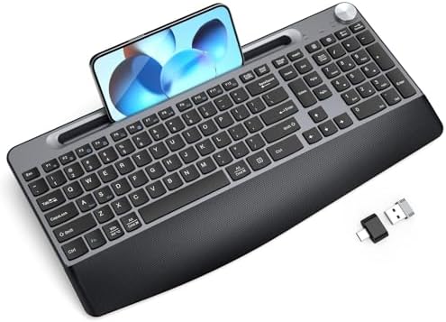 GAMCATZ Ergonomic Wireless Keyboard with Wrist Rest-Low-Profile,Phone/Tablet Holder,Quiet Design，Windows & Mac OS，Full Size Cordless USB Computer Keyboard for Desktop,Laptop, PC, Mac, Windows-Black