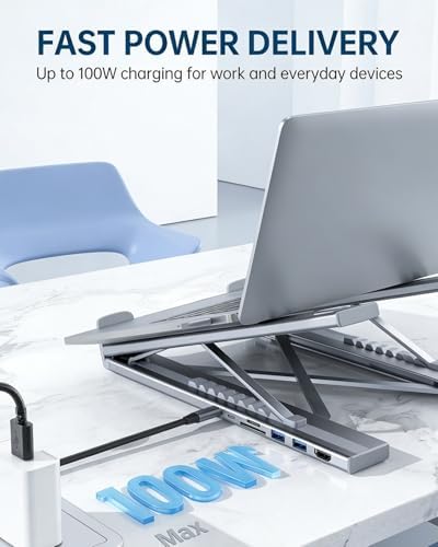 USB C Laptop Stand with Docking Station,8 in 1 Hub Laptop Stand Foldable Computer Riser with 4K HDMIPD 100W Dual Data Ports Multiport Adapter for Notebook Tablet,Portable Height Adjustable Holder
