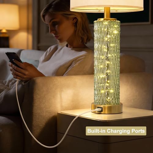 Oneach 27.75" Green Table Lamps Set of 2 with Glass Nightlight for Bedside