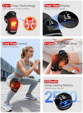 ROMISA Red Light Therapy Knee Brace Vibration Knee Massage for Pain Relief, 660nm&850nm Rechargeable Near Infrared Light Therapy Device for Knee/Elbow/Shoulder Faster Recovery for Cordless Use