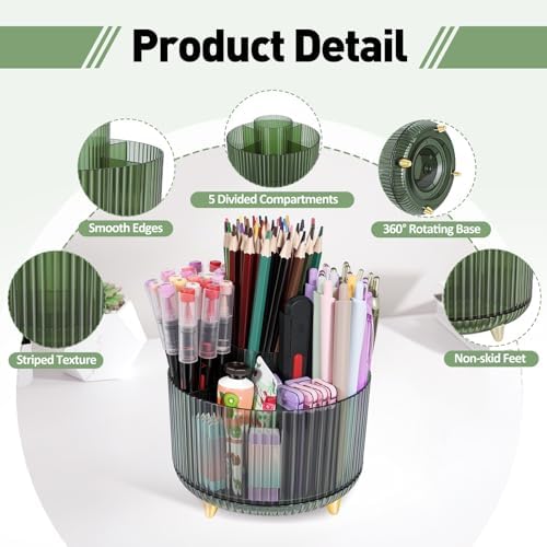 360 Rotating Pen Pencil Holder for Desk, Pen Organizer with 5 Slots