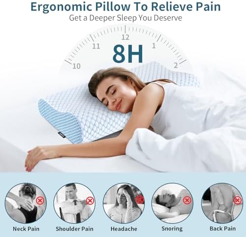 Cervical Pillow for Neck Pain Relief, Contour Memory Foam Pillows for Sleeping, Ergonomic Pillow Cooling Pillow Bed Pillow Neck Support for Side Back Stomach Sleepers (Blue)
