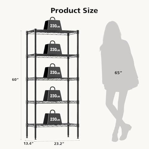 HealSmart 5-Tier Metal Wire Storage Shelves, Adjustable Standing Storage Rack Shelf, Heavy Duty Steel Shelving Unit Organizers for Kitchen Bathroom Pantry Garage, 23.3" W×13.4" D×60" H, Black