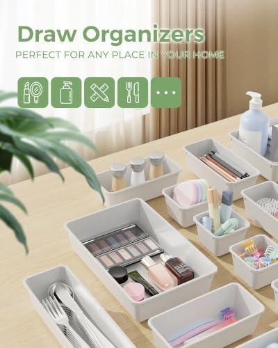 BiuLeon 25 PCS Plastic Drawer Organizers Set, 4-Sizes Vanity and Makeup Organizer, Desk and bathroom Drawer Organizer Trays, Organizers and Storage for Makeup, Jewelry, Gadgets, Utensils (White)