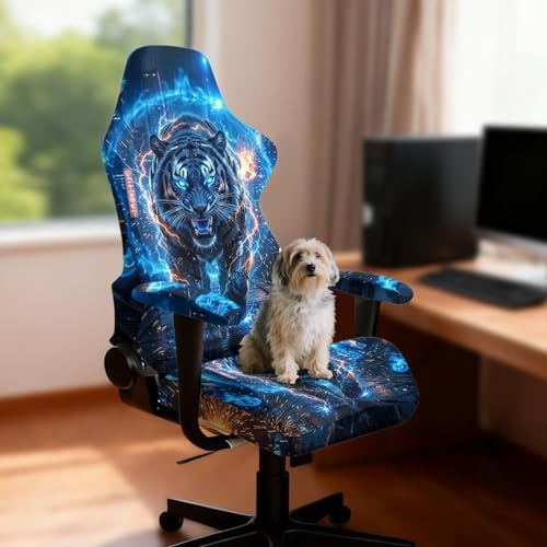 Tiger Lightning Print Gaming Chair Cover with Armrest Covers Stretch Non Slip Furniture Protector Washable Stain Resistant Office Desk Chair Slipcover