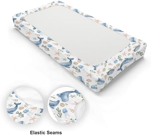Watercolor Ocean Whale Sea Turtle Starfish Seashells Pattern Baby Changing Pad Cover, Unisex Sea Animal Nursery Diaper Changing Table Pad Mat Sheet for Boys Girls-16x32