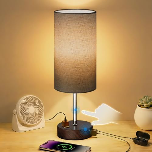 Table Lamp, Dimmable Touch, AC Outlet, USB A+C (Grey&Walnut)