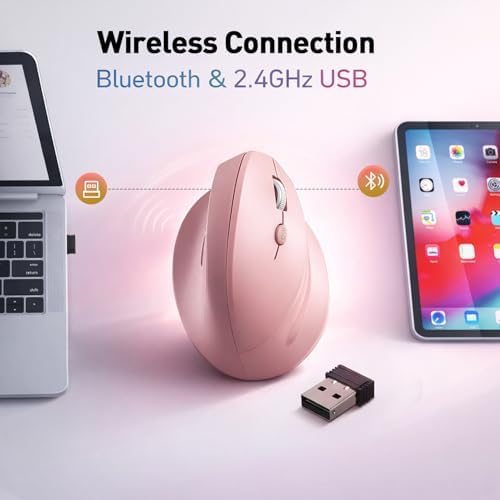 Wireless Ergonomic Mouse, Bluetooth and 2.4GHz USB-A Wireless Vertical Mouse, 800/1200/1600 Adjustable DPI, Quiet Clicks,6 Buttons, Compatible for Laptop/MacBook/PC/Desktop-Pink