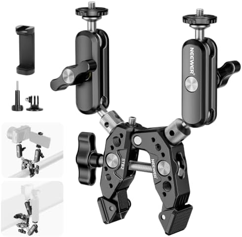 NEEWER Heavy Duty Super Clamp with Two 360° Dual Ball Head Magic Arms, 1/4" 3/8" Screw Threads, Phone & Action Camera Mount Adapter for Flat/Round Surface Compatible with GoPro DJI Insta360 DSLR