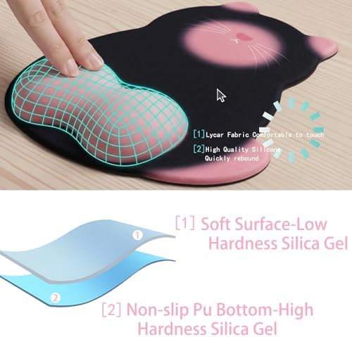 Gel Mouse Pad with Wrist Rest for Mouse Ergonomic Cat Mouse Wrist Rest Non-Slip Silicone Cute Mousepad with Wrist Support for Computer Desk Gaming Laptop Home Office Desk Accessories Black Pink