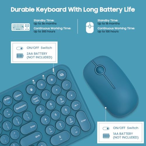 Wireless Keyboard and Mouse Combo,XTREMTEC 2.4GHz Quiet Slim Cute Round Keycap Compact Size Blue Kawaii Cordless Retro Keyboard Mouse Set Home Office Accessories for Mac/Windows (Blue)
