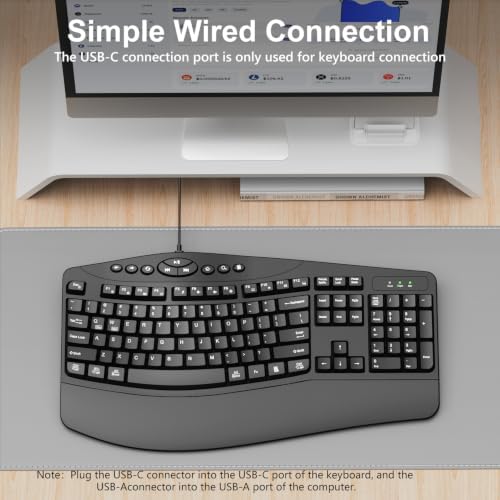 Wired Ergonomic Keyboard, Full-Size USB Computer Keyboard with Wrist Rest