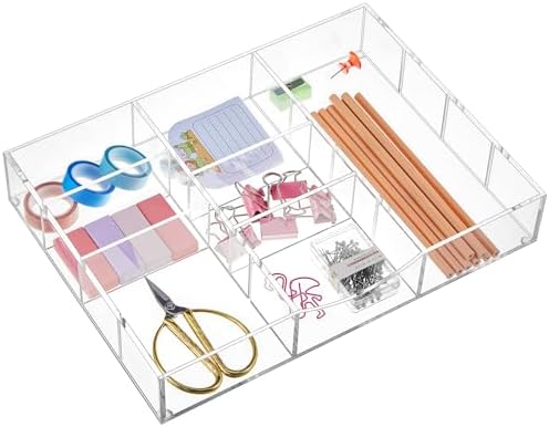 Briwooody Clear Acrylic Drawer Organizer,9 Compartments,Medium