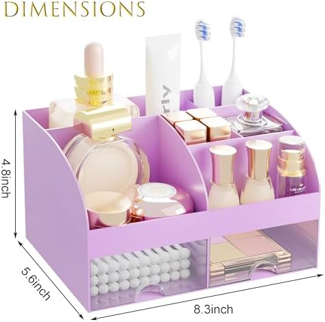 Makeup Organizer with 2 Drawers, Cosmetic Storage for Dresser Vanity and Bathroom Countertop,Make up organization and Skincare Storage with Beauty Brush Holder, Cosmetic Display Case (Purple)
