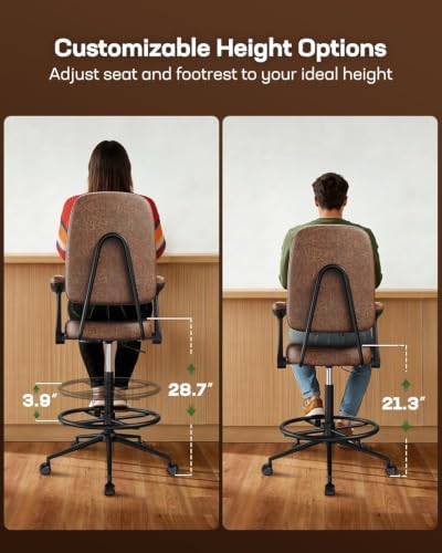 Marsail Drafting Chair with Flip-Up Armrests and Footrest, Ergonomic Tall Office Chair, Height Adjustable High Chair, Brown Leather Seat with Thick Cushion, 360° Swivel, Pack of 2