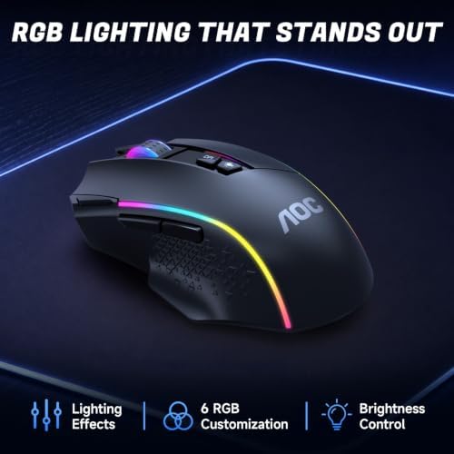 AOC GM401 Wireless RGB Gaming Mouse, 12000 DPI, Rapid-Fire Shotcut, 70Hrs